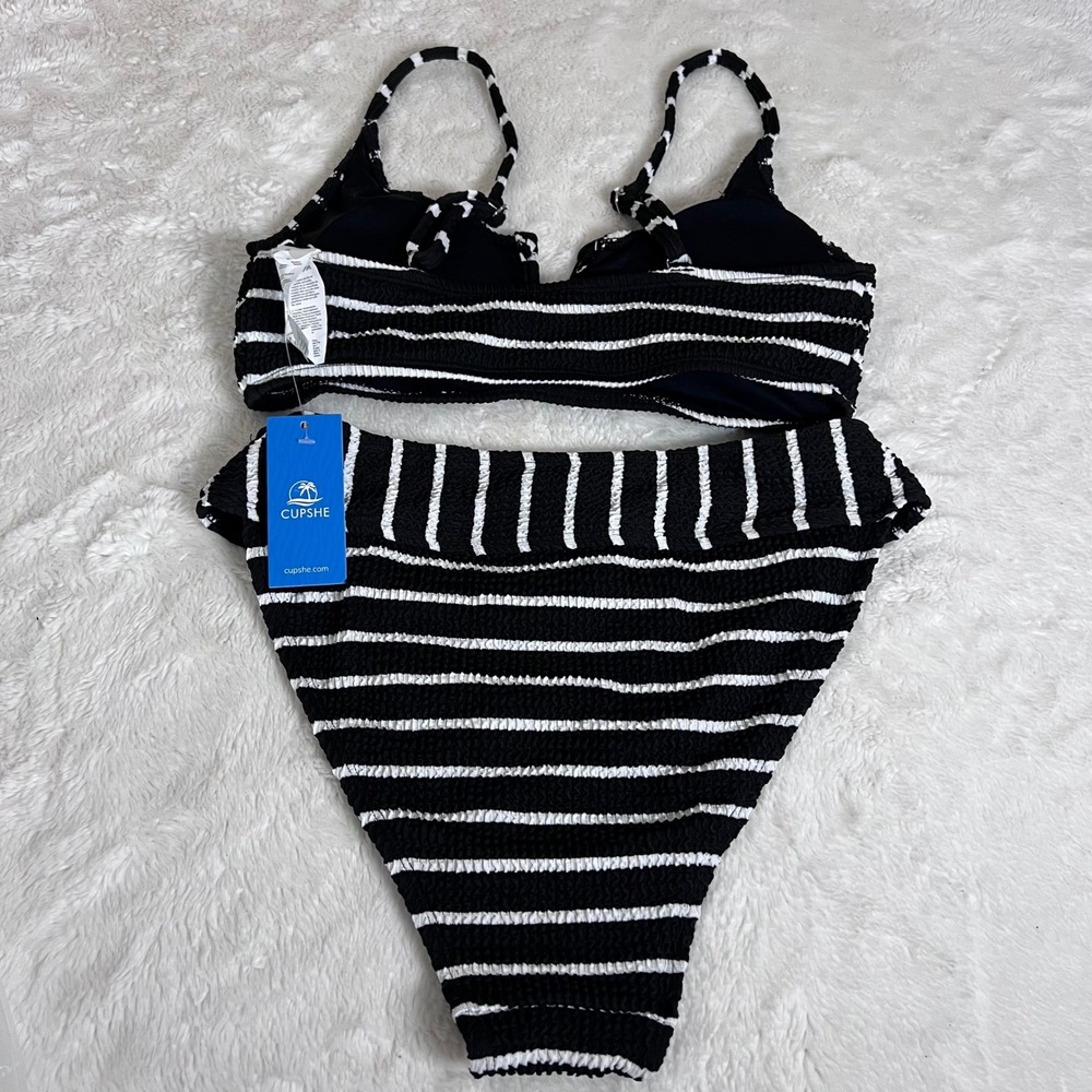 Cupshe Black White Striped Smocked Bikini Set High Waisted V-Notch Small NEW - Picture 4 of 15